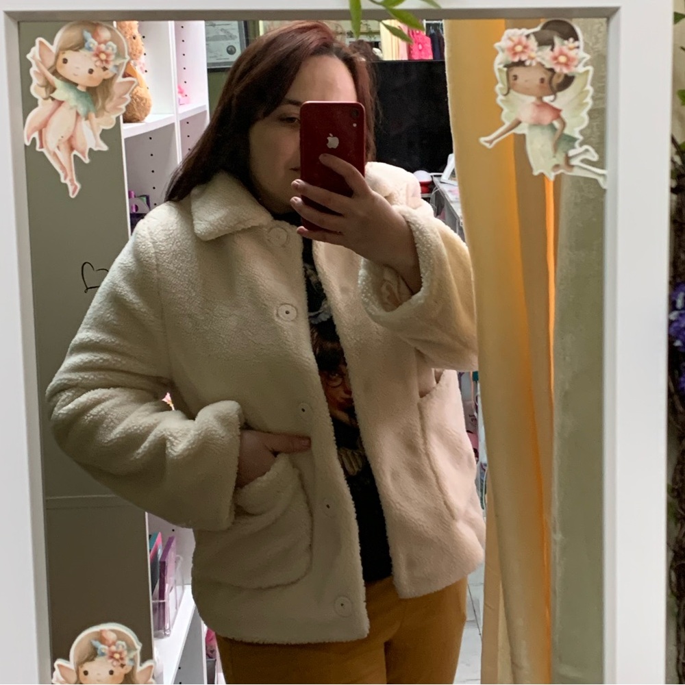 Rebecca Minkoff Harley Teddy Sherpa Jacket Snap Button cream coat size L NWT